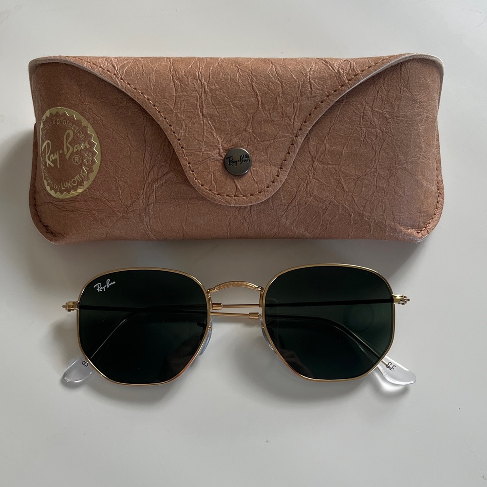 Ray-Ban Hexagonal Gold Frame Sunglasses with Brown Case